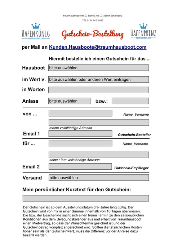Anfrageformular Hausbootgutscheine